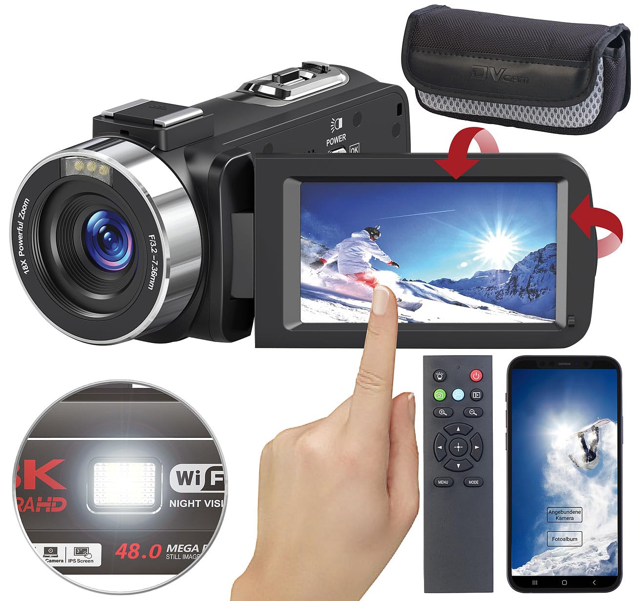 Somikon Videokamera: 8K-UHD-WLAN-Camcorder, IPS-Touchdisplay, 48 MP, 18-facher Zoom, App (8K Kamera, Videocamera, Nachtsichtgerät)