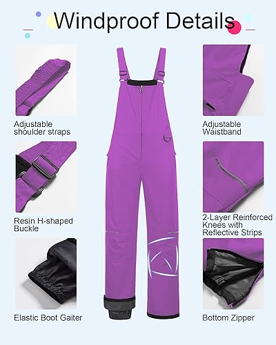 Miniatura 5 de CREATMO US Baberos de nieve para niñas, pantalones de esquí impermeables con aislamiento para invierno