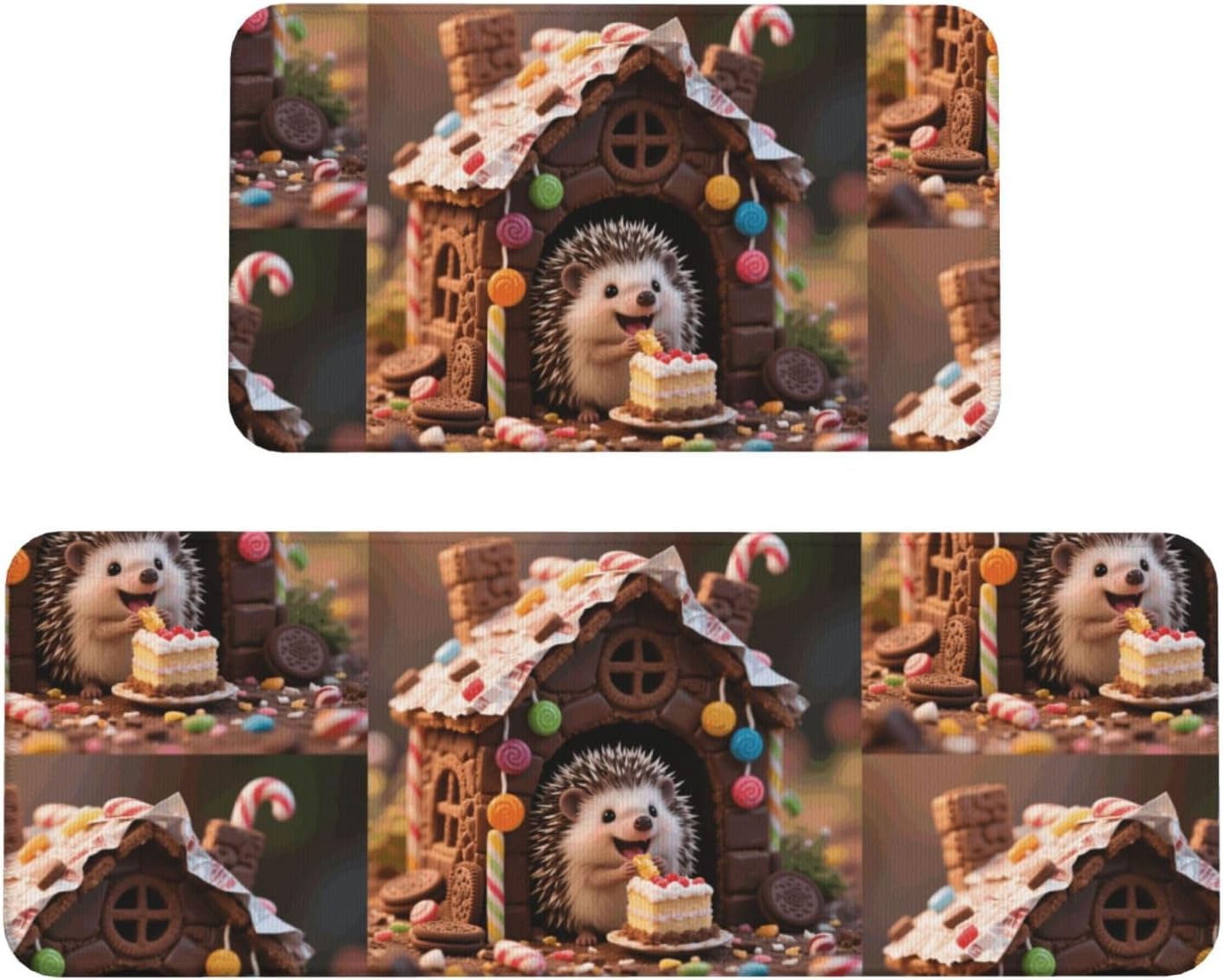 Little Hedgehog in the Candy House Kitchen Rugs Set of 2, Cushioned Anti-Fatigue Kitchen Mats for Floor, Waterproof Comfort Standing Mat Absorbent Velvet Kitchen Runner Rugs 17"x30"+17"x47"