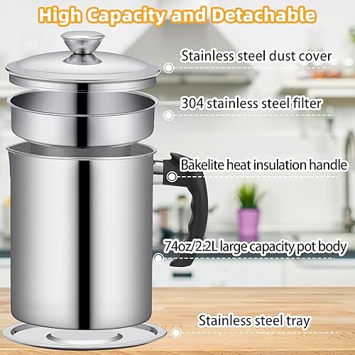 Miniatura 8 de Kaemi Recipiente de grasa de tocino de 2.2 L  74 onzas con colador, lata roja para guardar grasa, recogedor de almacenamiento de aceite para cocina,