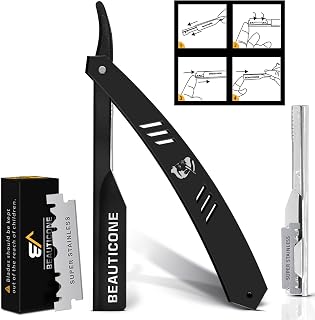BEAUTICONE Barber Straight Razor for Men – Professional Shavette with Slide-Out Blade Holder, 20 Stainless Steel Blades Included, Cut Throat Razor, All Black
