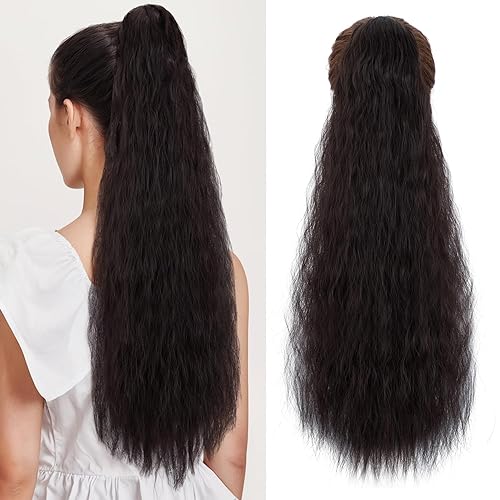 S-noilite Extensión de cola de caballo larga con cordón, de 32 pulgadas, rizada, ondulada y con clip, para mujer, cola de caballo marrón con ondas