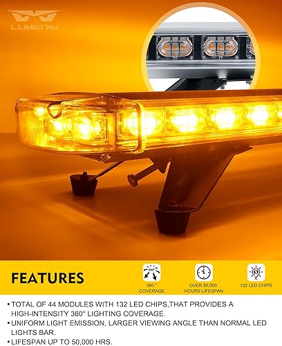 Miniatura 9 de LUMENIX Barra de luces estroboscópicas de emergencia LED de 48 pulgadas con soportes de montaje ajustables, barra de luz de seguridad de advertencia