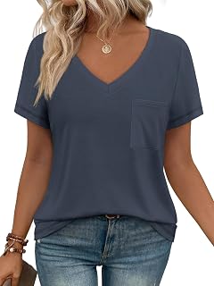 Womens T Shirts Short Sleeve V Neck Tops with Pockets Summer Fashion Trendy Soft Casual Comfy Outfits Clothes 2026