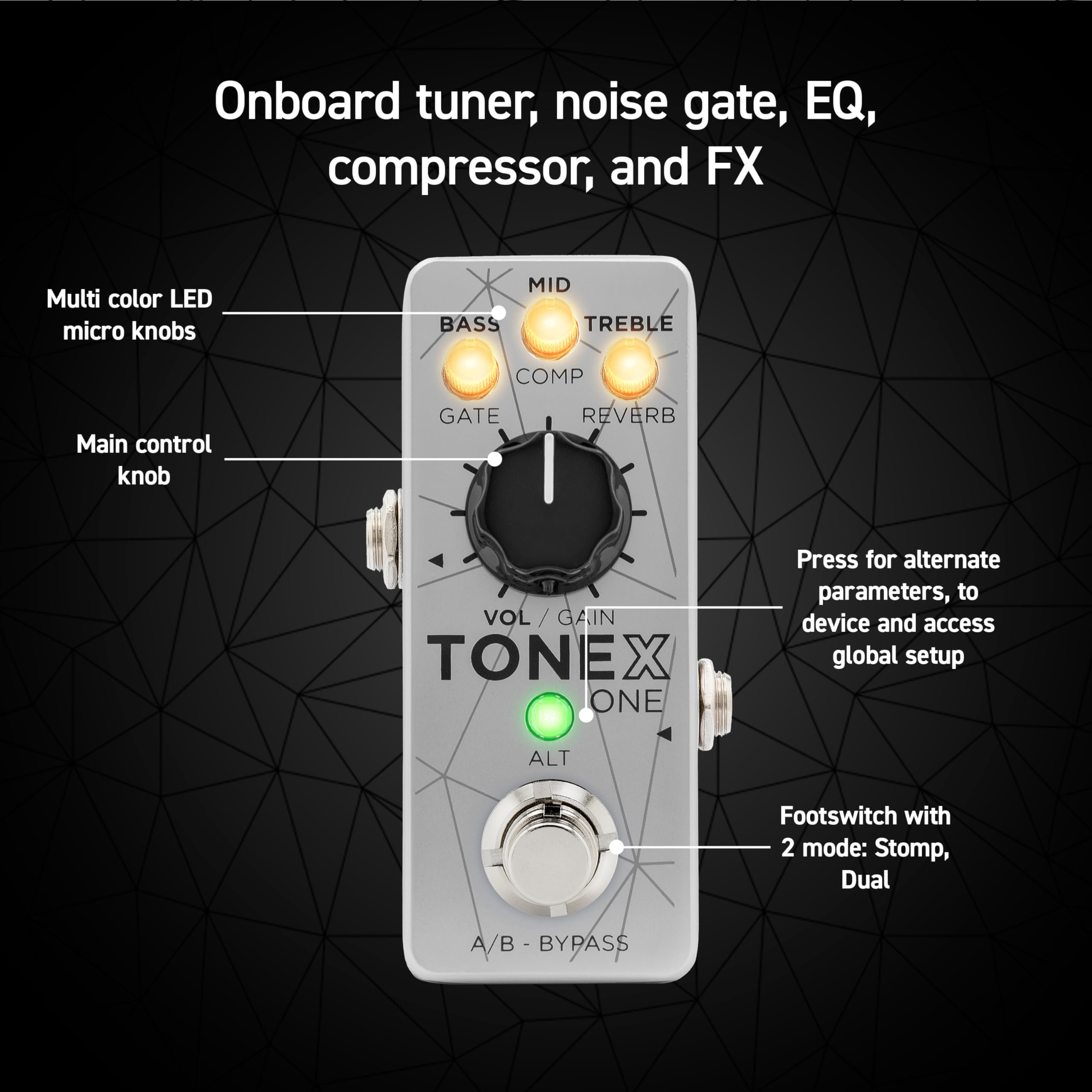 TONEX One Bass Edition - Pedale modellazione per bassi con uscita mono/stereo TRS, 20 slot preimpostati, configurazioni A/B o on/off, cabinet esclusivi VIR multi-IR personalizzato, caricatore IR
