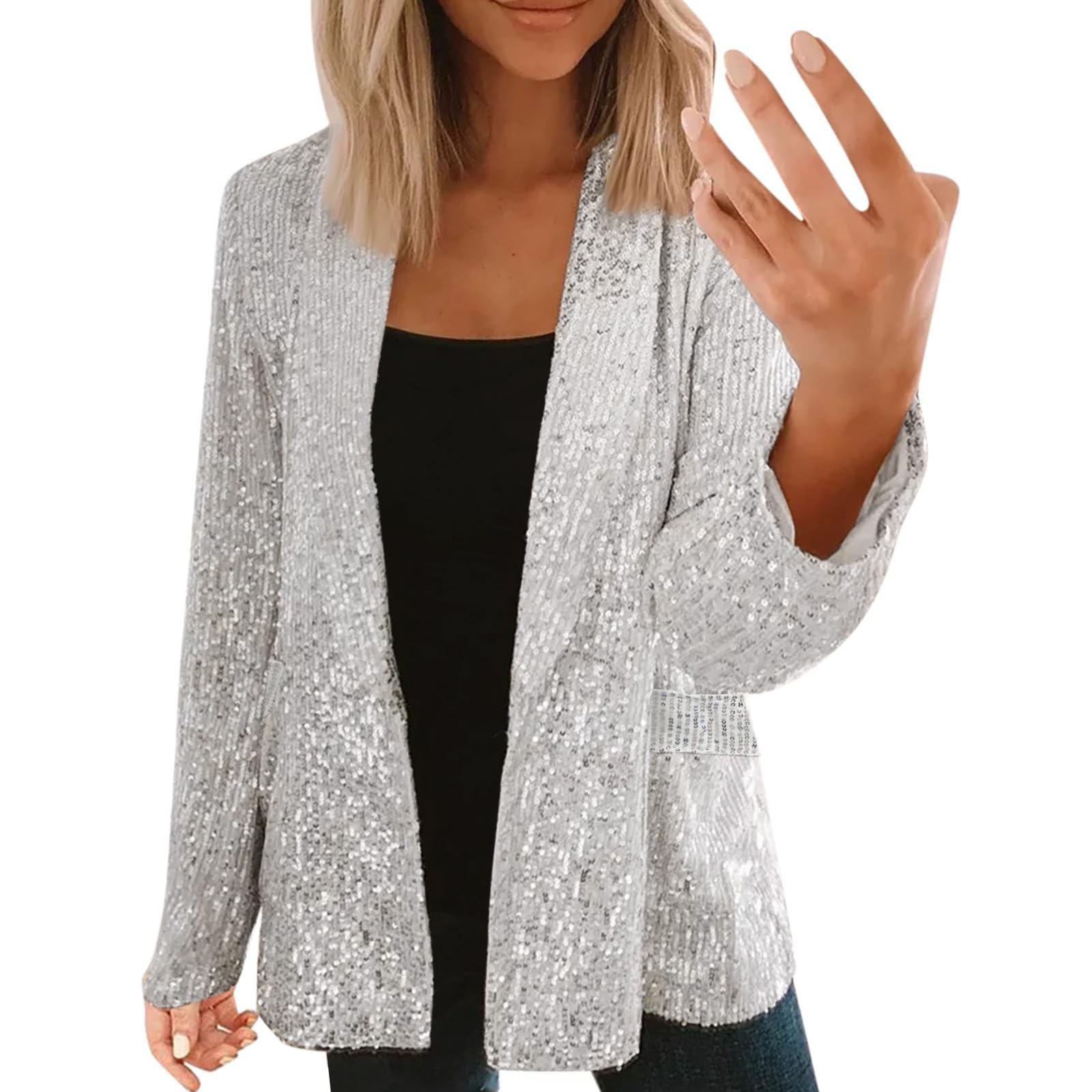Generisch Cardigan Mit Pailletten Langarm Abendjacke Festlich Silber Strickjacken Elegant Einfarbig Cardigan Langarm Stehkragen Trachtenjacke Pullover V-Ausschnitt Lange Für Herbst Übergangszeit