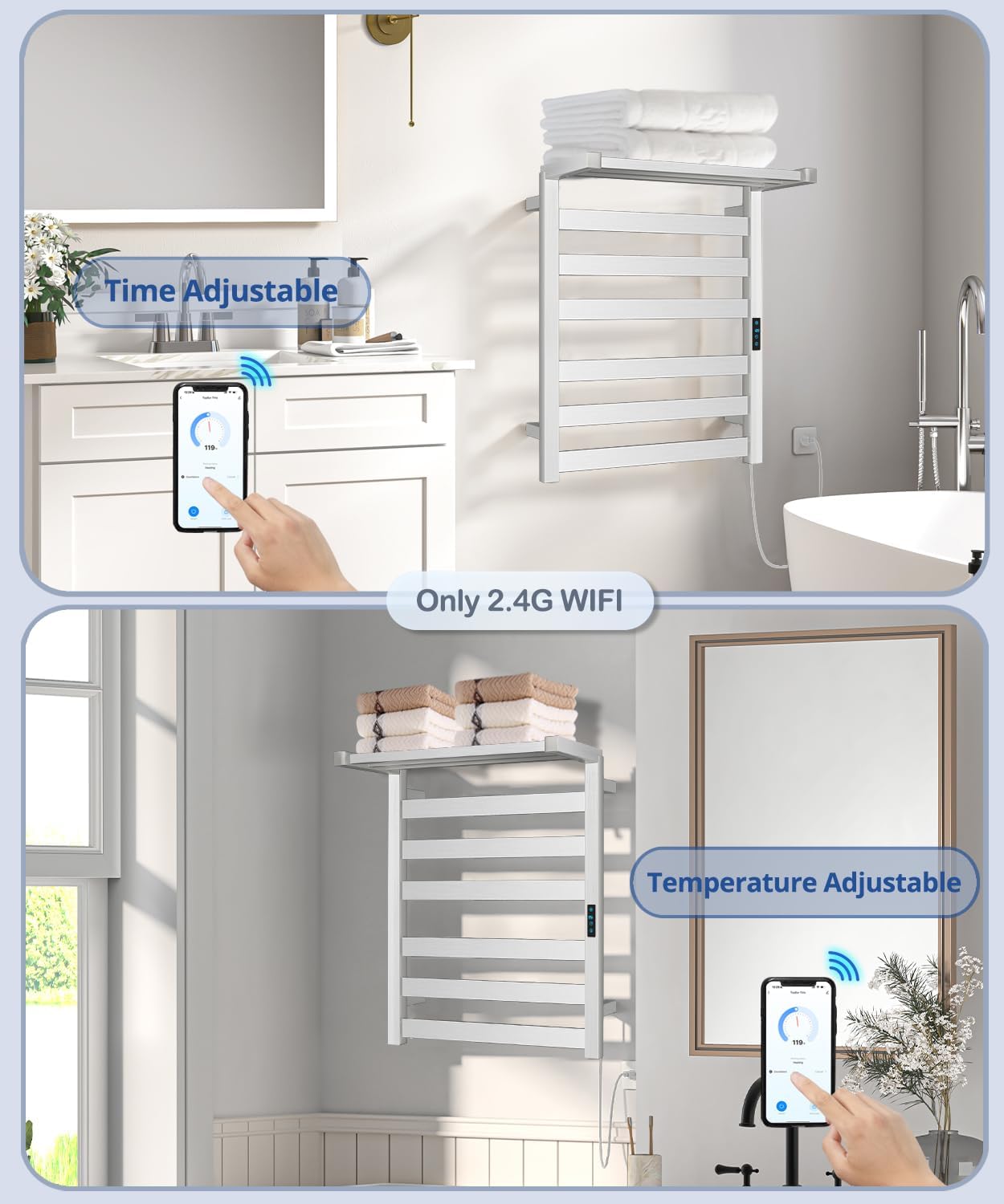 WiFi Heated Towel Rack Wall Mounted, Electric Towel Warmer with Foldable Bracket, Stainless Steel, LED Built-in Timer, Plug-in, Temperature & Timing Control, 6 Bars, Nickel Silver