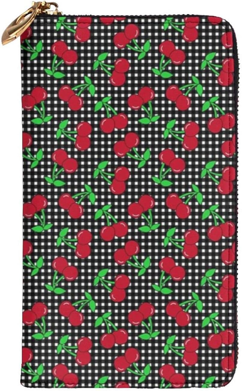 [RFSHNOP] 長財布 おしゃれ ブラックホワイトギンガムチェリー 大容量 多機能 簡単で長持ち 防水 軽量 あ 現金収納 日常