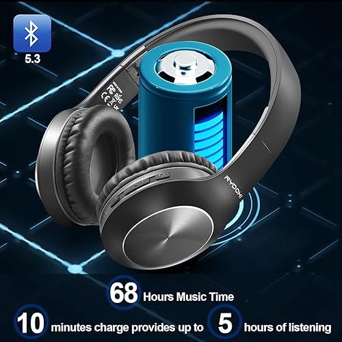 Miniatura 2 de Rydohi Auriculares Bluetooth sobre la oreja, tiempo de reproducción de 68 horas y 3 modos de música EQ, auriculares inalámbricos con micrófonograves