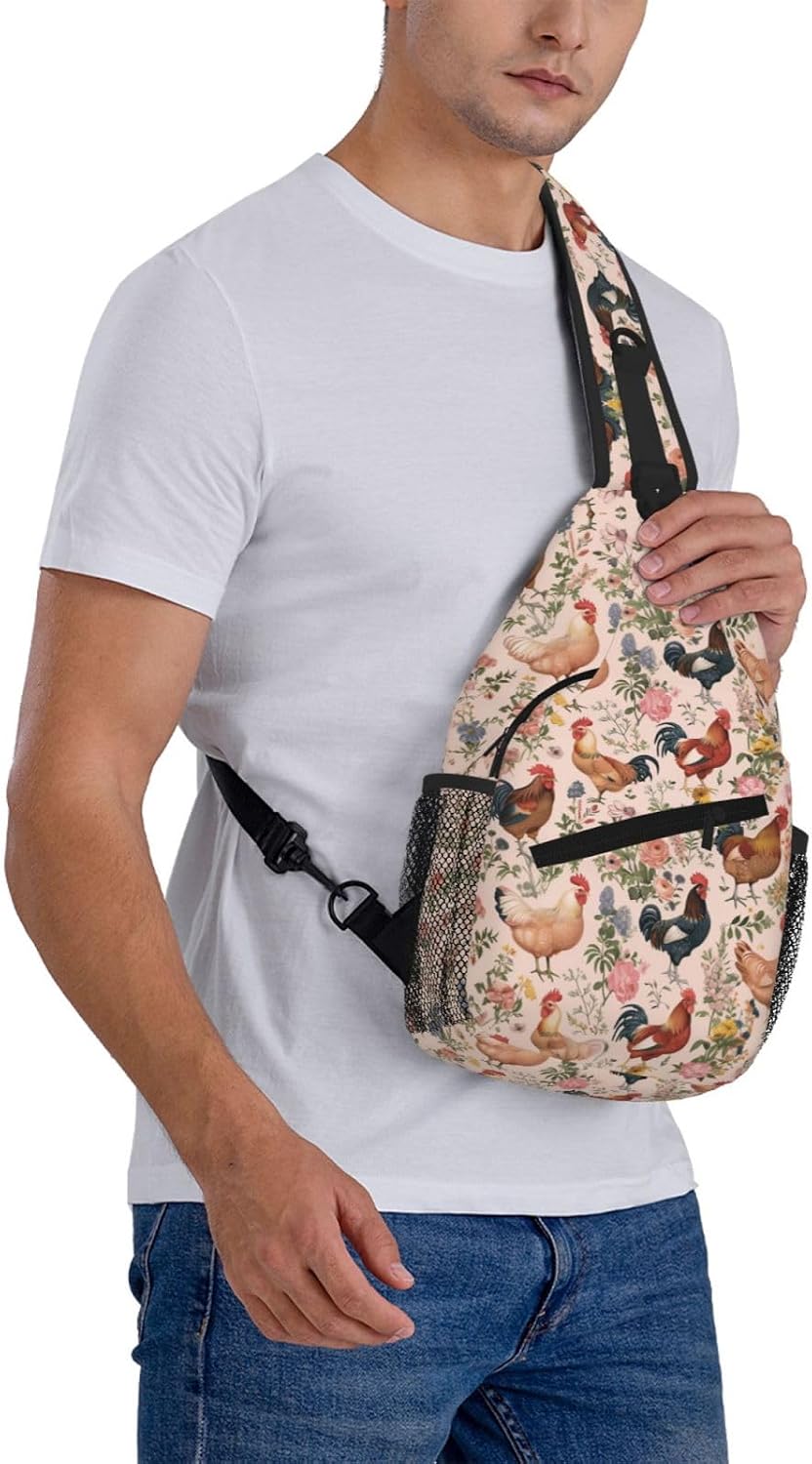 Pink Floral Chicken Sling Bag, Flower Chick Crossbody Backpack For Women Men, Hiking Travel Chest Daypack Small Casual One Strap Pack with Water Bottle Pocket Cross Pouch Bag Purse Outdoor