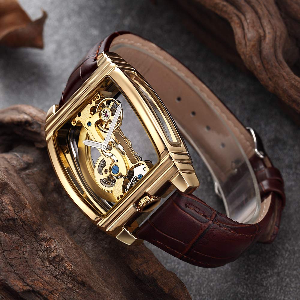 MASTOP Relojes de pulsera de cuero mecánicos para hombre, de lujo, transparente, automático, Steampunk, esqueleto, Dorado marrón, Classic