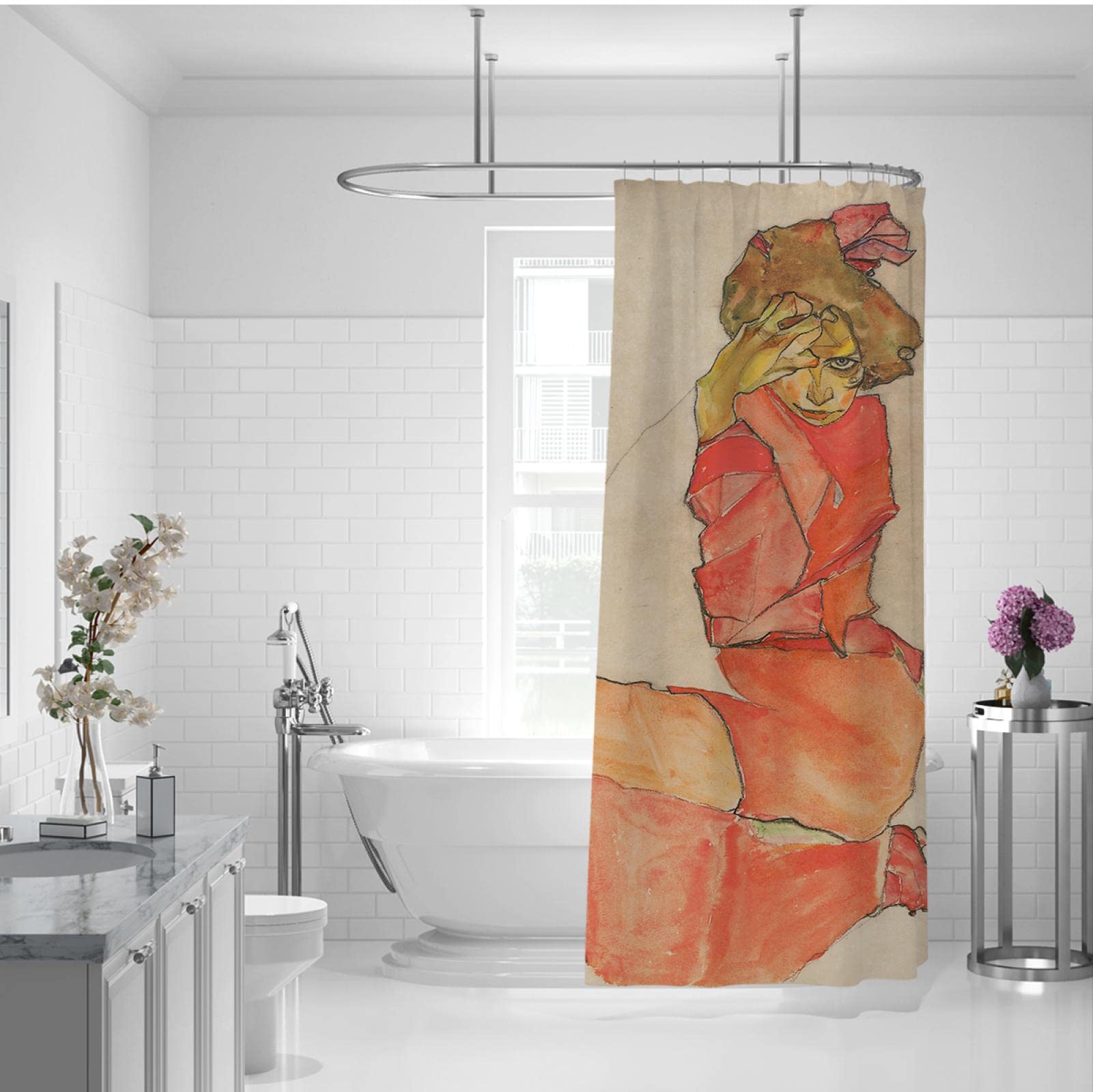 Subwest Set da bagno moderno arancione nero grigio con tenda da doccia e accessori tappeti, tenda da doccia astratta moderna arancione grigio decorazione per il bagno 4 pezzi