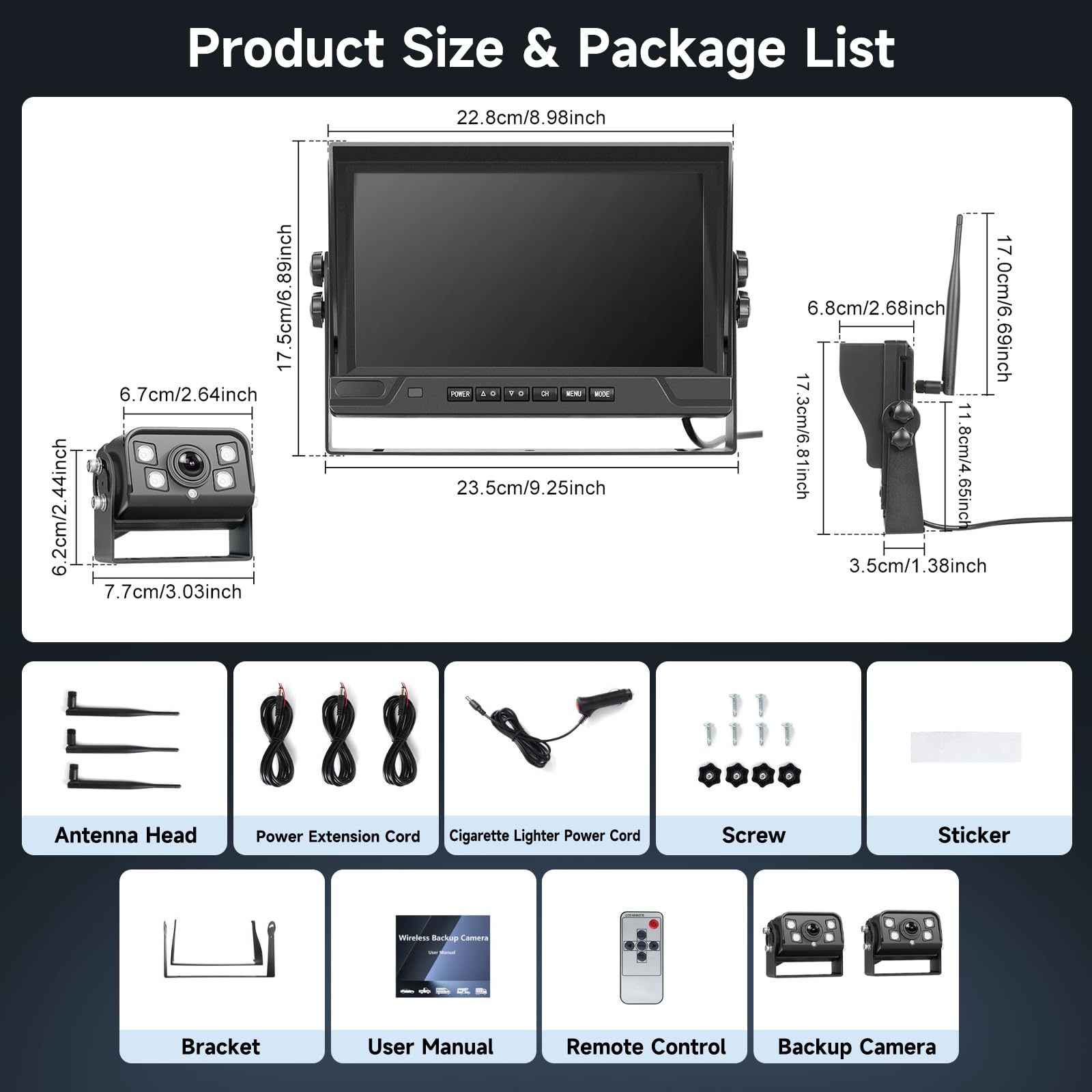 Hodozzy 9 Zoll IPS Monitor Digitales Kabellos Rückfahrkamera Set, mit Toter-Winkel-Warnung, Wasserdicht Rückfahrkameras Funk 2 Kameras Aufzeichnung, Nachtsicht, LKW/Anhänger/PKW/Wohnmobil 12V 24V