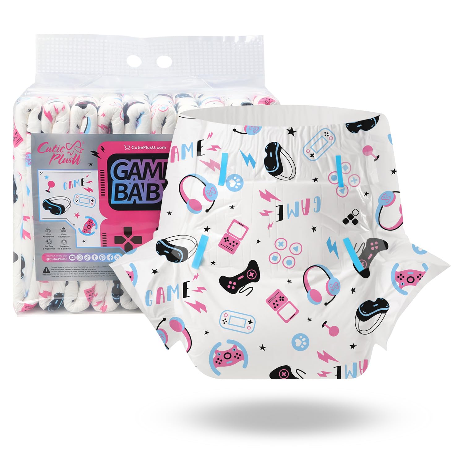 CutiePlusU Adult Diapers 10 Pieces, Disposable Incontinence Briefs with Tabs for Women and Men, Maximum Overnight Absorbency- Game Paradise (Large 36"-46")