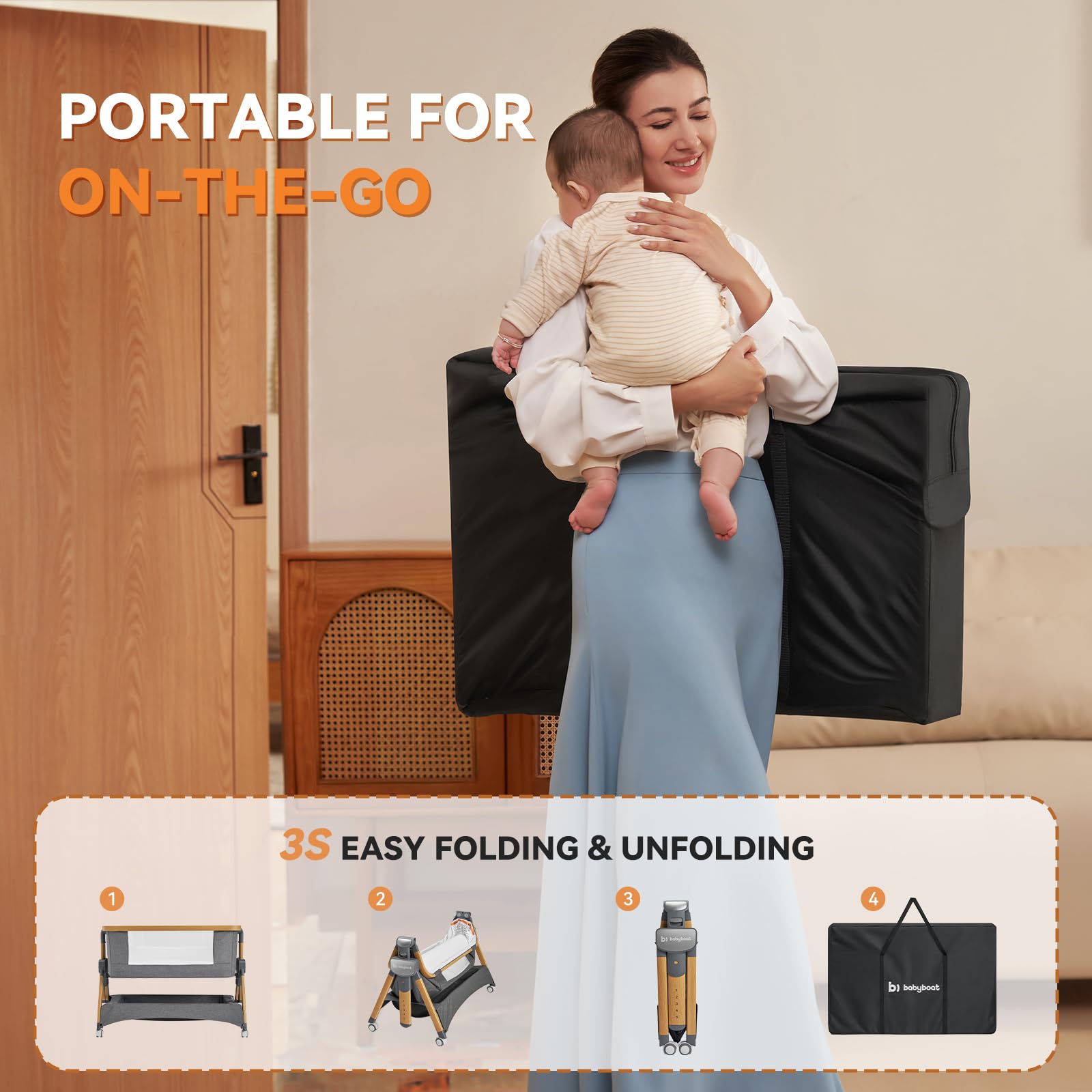 babyboat Baby Beistellbett, Beistellbett Baby mit Rollen Einfaches Bewegen klappbar Reisebett mit Matratze und Reisetasche