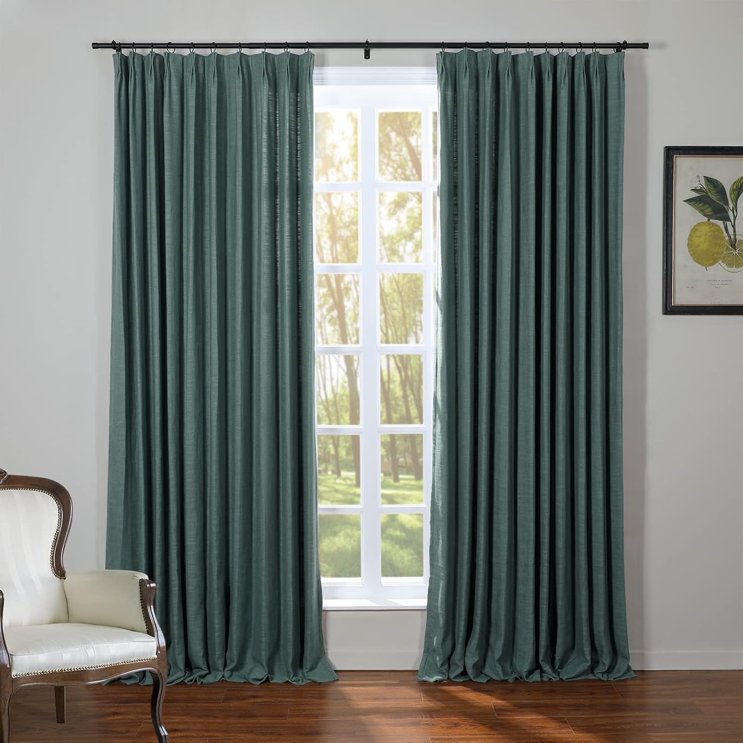 ChadMade Pinch Pleat Drape 63 Inches Long Natural Linen Blend Curtain for Kitchen, Durable Light Filtering Curtain Privacy Protection Window Treatment (W27 x L63, 1 Panel, Hunter Green)