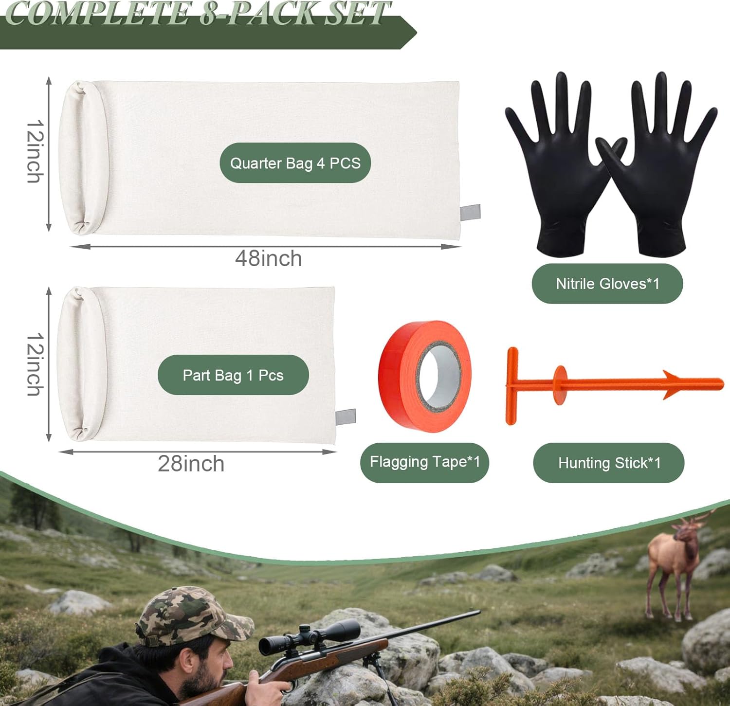 G GENLEAS 10 Pack Game Bags Elk Deer Hunting Meat Bags, Breathable Rolled Heavy Duty Quarter Bags with Reflective Strip, Vacuum Sealed for Field Carry