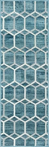 Miniatura 10 de Unique Loom Matrix Trellis Collection - Alfombra de área con azulejos (2 pies x 6 pies 1 pulgada, color azulmarfil)