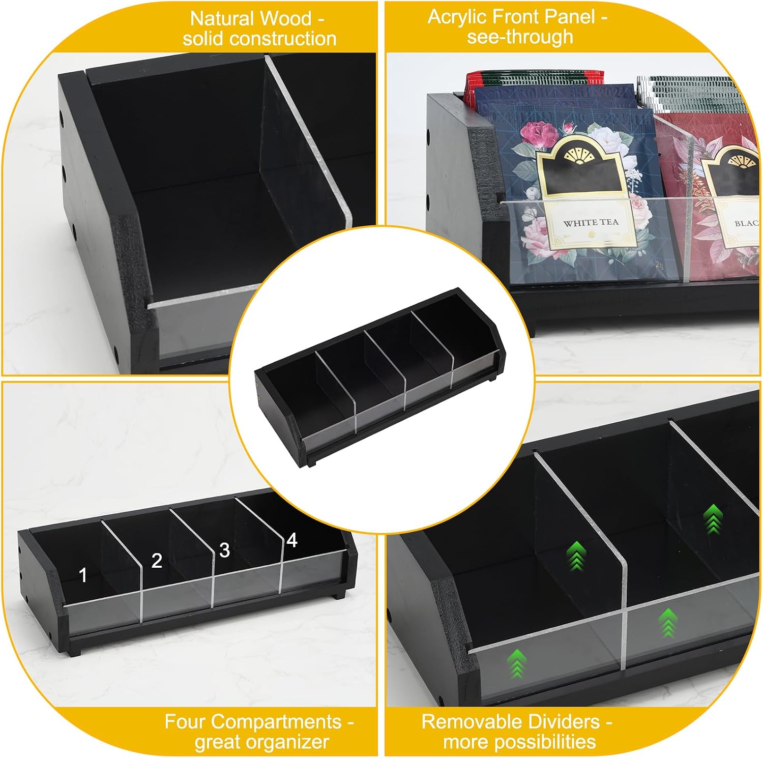 Tea Bag Storage Organizer, Natural Wood and Clear Acrylic, 4-Section Chest, 13.5x4.9x3.1 Inch, 80 Bag Capacity (Black) image 2