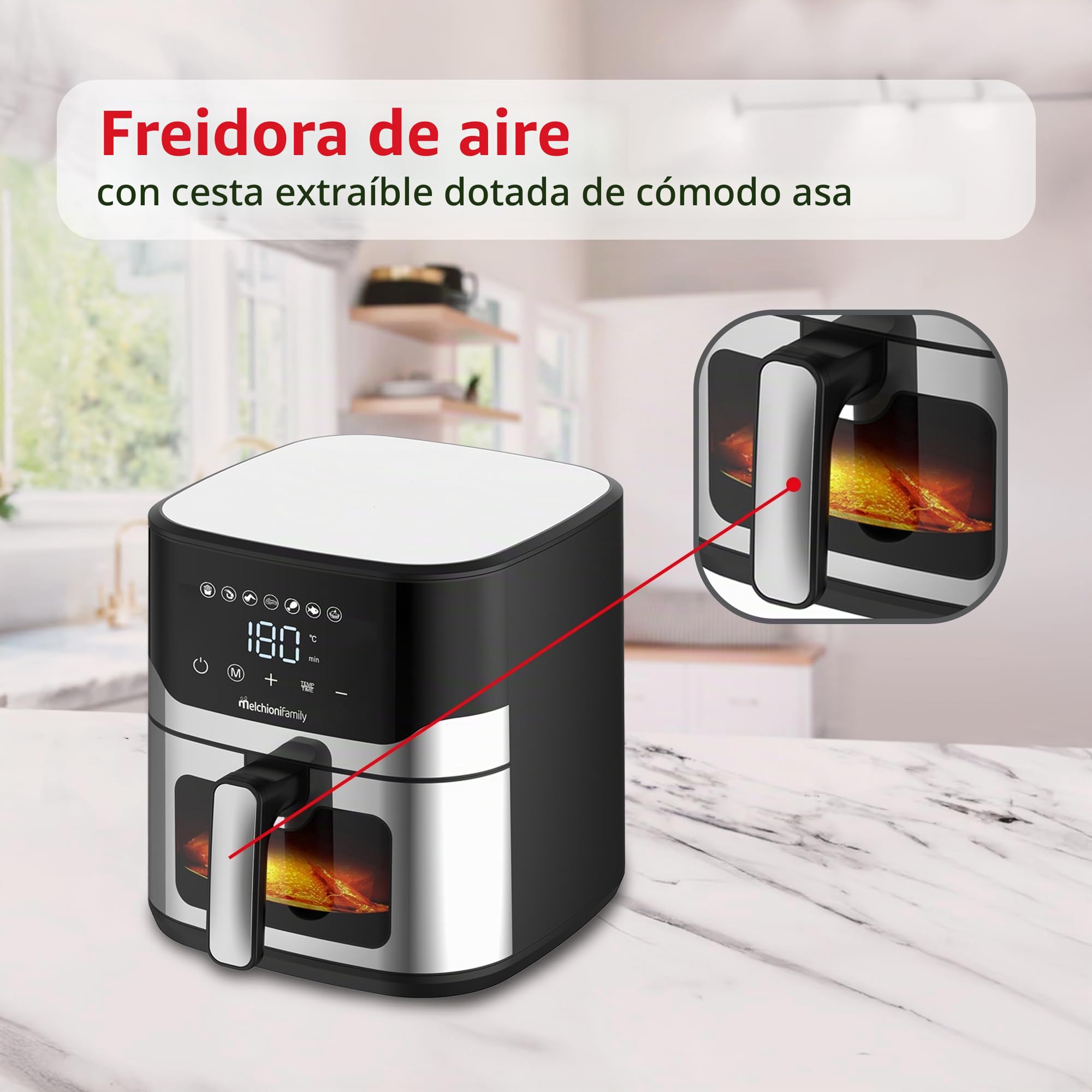 Melchioni Family Matilde Airfryer 8 l 2200 W de potencia, cesta extraíble con asa, trampa de grasa, temporizador 60 minutos, luz de cocción con -80% de grasa