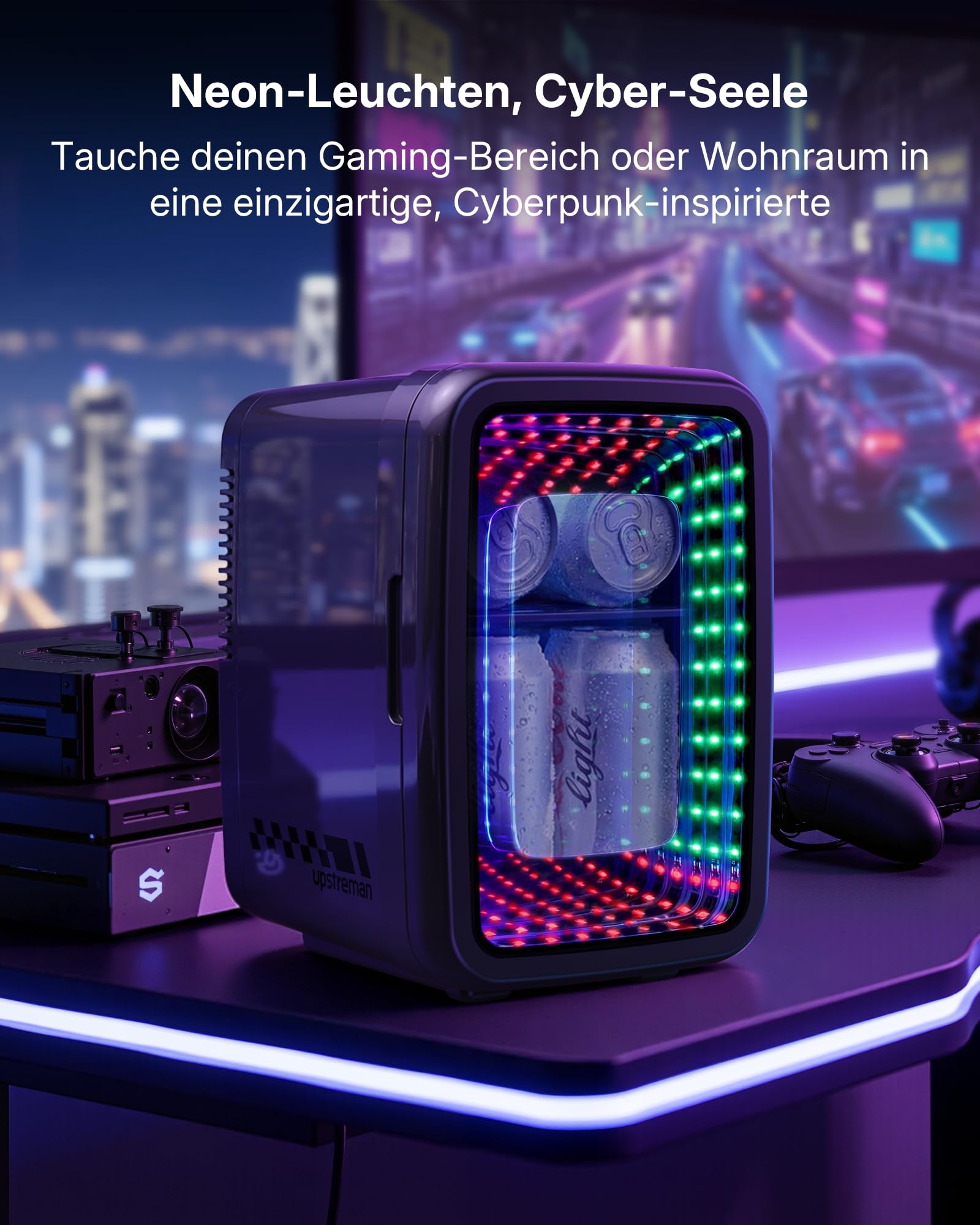Upstreman Mini Kühlschrank 4L / 6 Dosen, Minikühlschrank mit LED-Beleuchtung, 12V/220V, Mini Kühlschrank Gaming, Schlafsaal, Büro & Auto, Schwarz,TR4-S