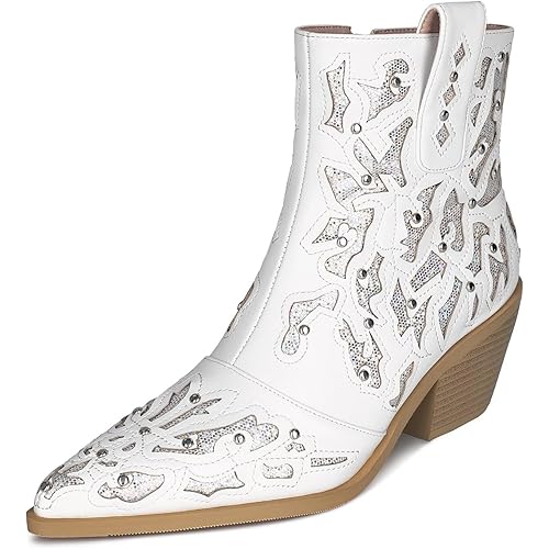 ISNOM Rhinestone Cowboy Boots Sparkly Ankle Boots with Pointed Toe and Chunky Heel Design