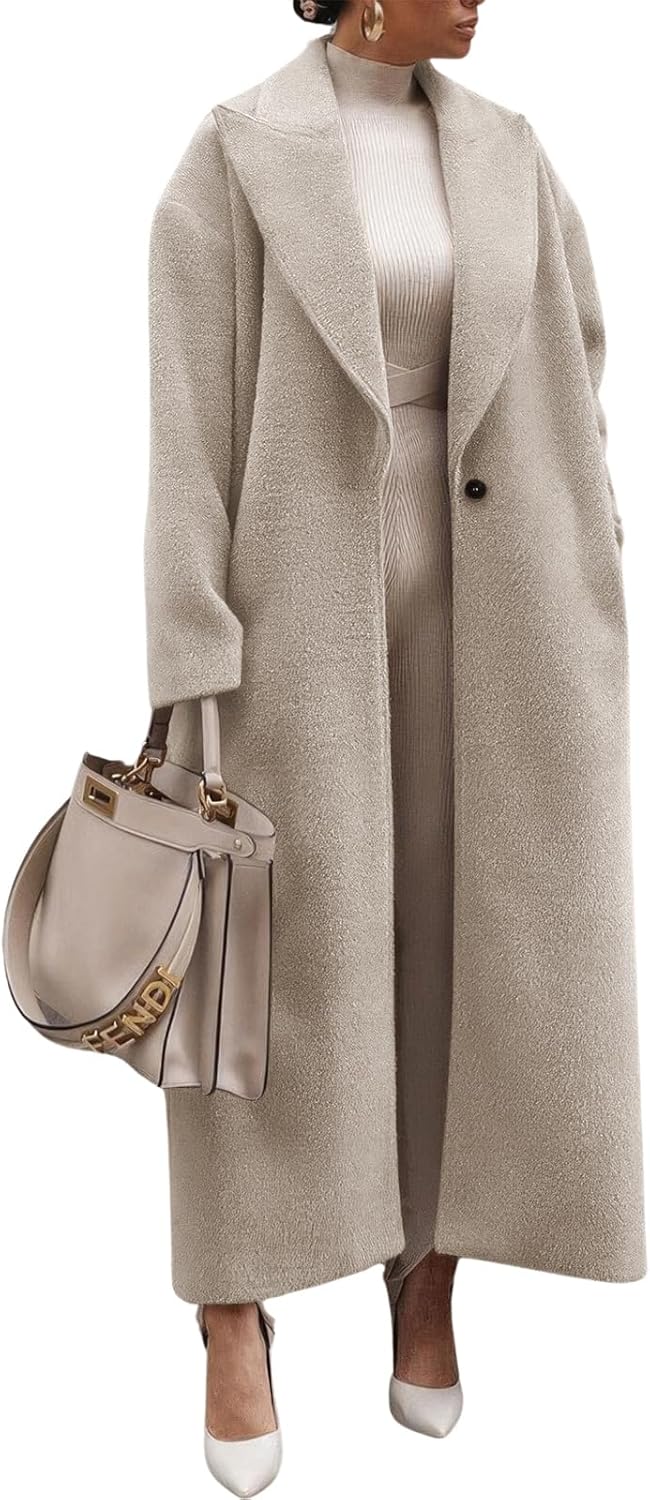 ebossy Women's Fashion Notched Lapel Single Breasted Open Front Maxi Long Trench Coat Woolen Overcoat with Pockets