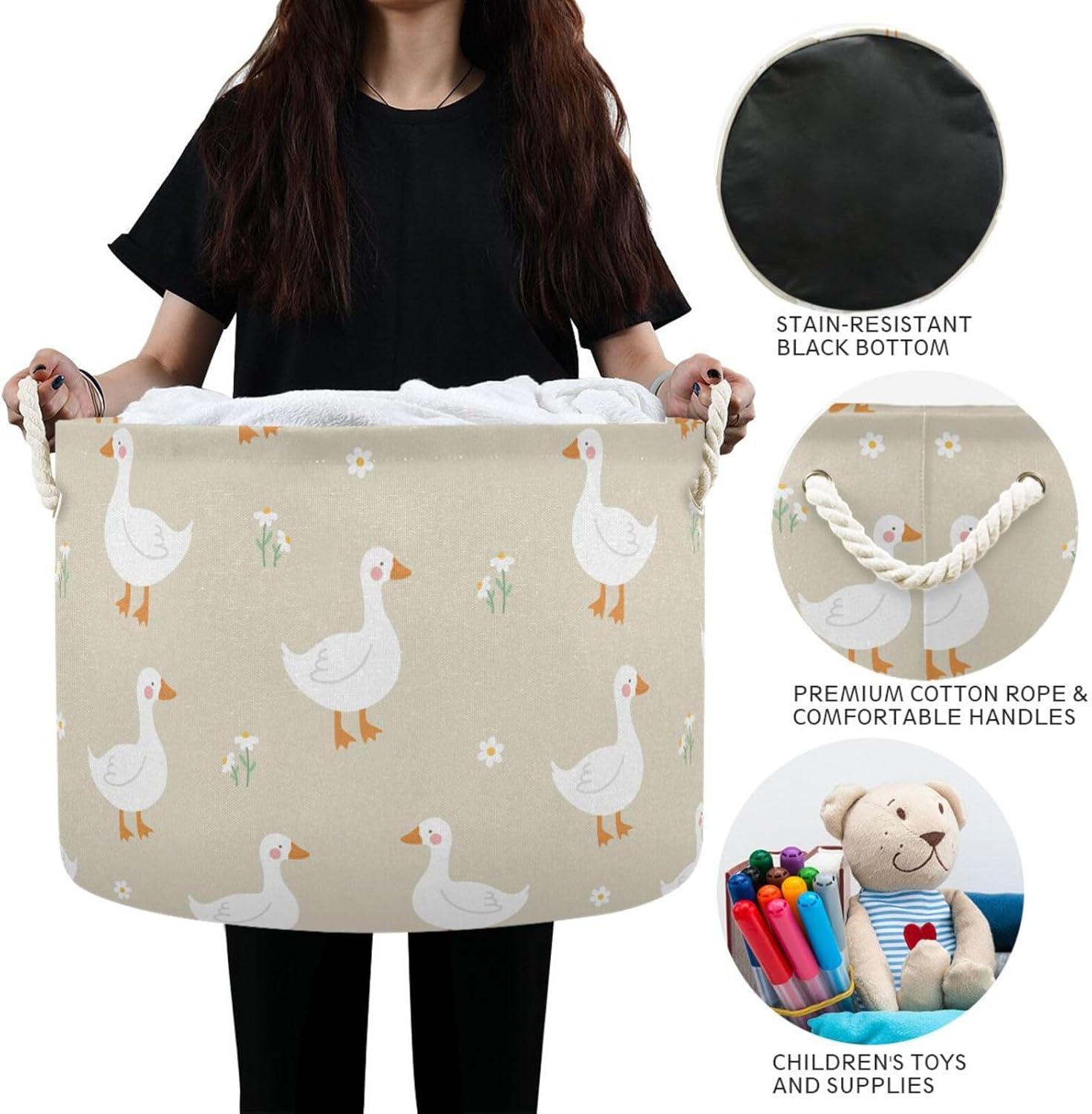 White Goose Pattern Round Collapsible Storage Basket, Large Toy Storage, Laundry Baskets, Open Home Storage Bins for Toy Organizer, Home Decor, Clothes, Toys