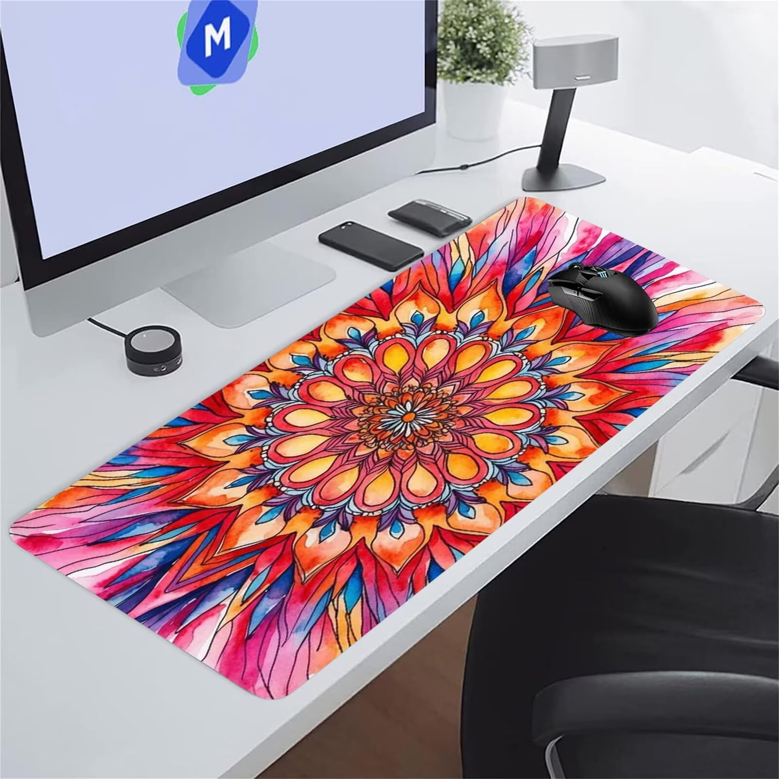 Grand Tapis de Souris XXL Résumé Mandala 800 x 400 x 3mm, Tapis de Bureau Gamer avec Bords Cousus et Base Antidérapante pour Haute Précision et Vitesse