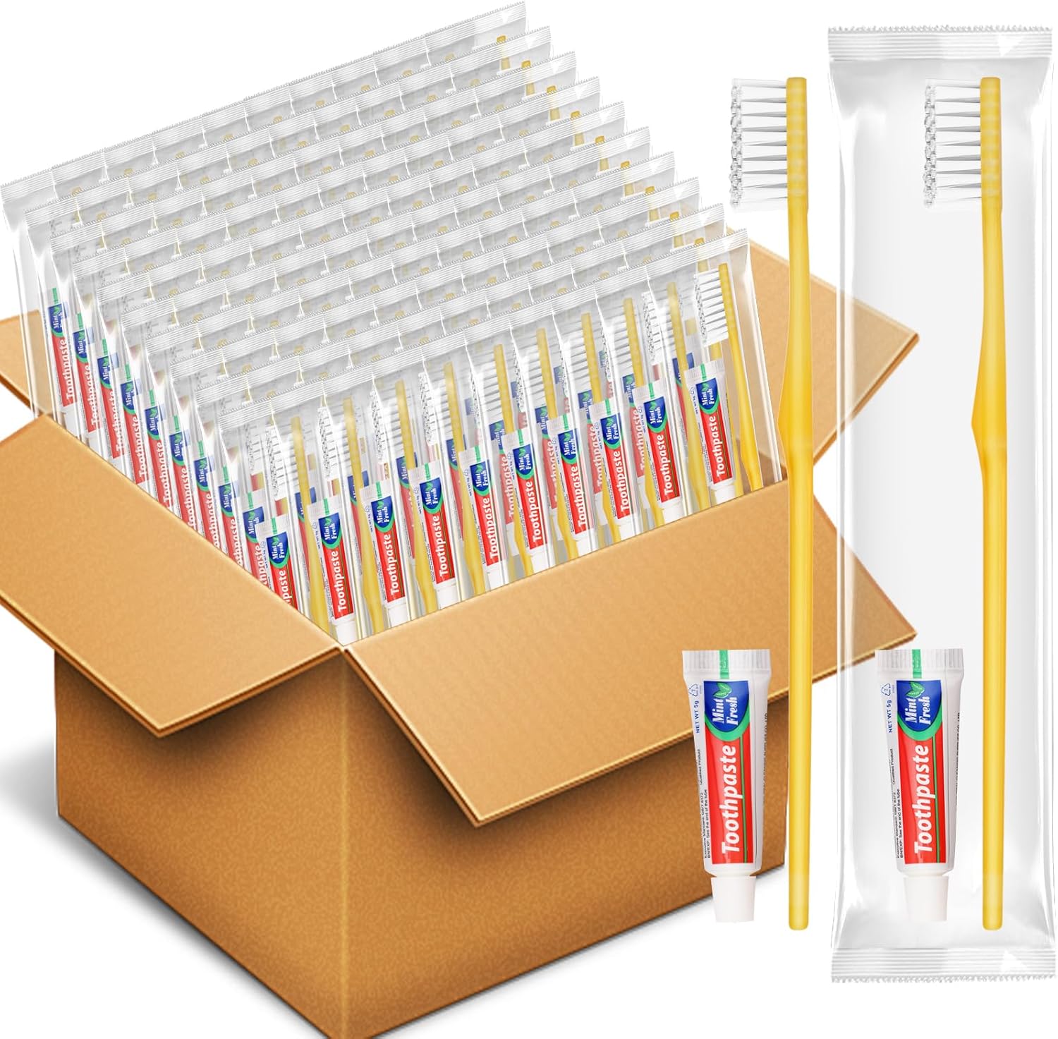 HOFASON Disposable Toothbrushes with Toothpaste Pack of 200, Bulk Travel Toothpaste and Toothbrush Set Yellow Hollow Toothbrush 5g Tooth Paste Individually Wrapped for Homeless Shelter Charity Hotel
