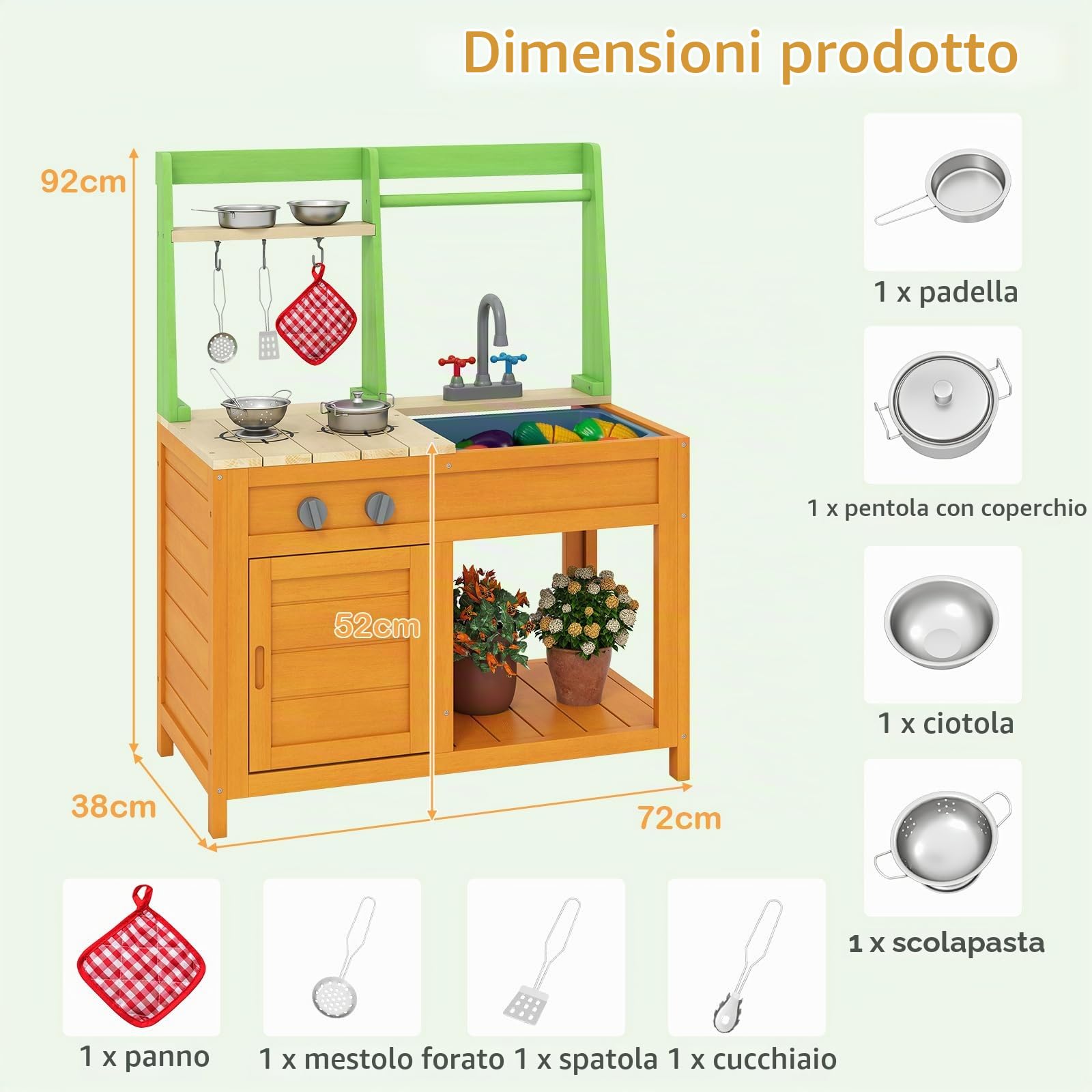 FANTASK Cucina di fango in legno per esterni, cucina giocattolo con accessori, cucina per bambini con fornelli realistici & rubinetto & lavello & forno, cucina da giardino per bambini dai 3 anni in su