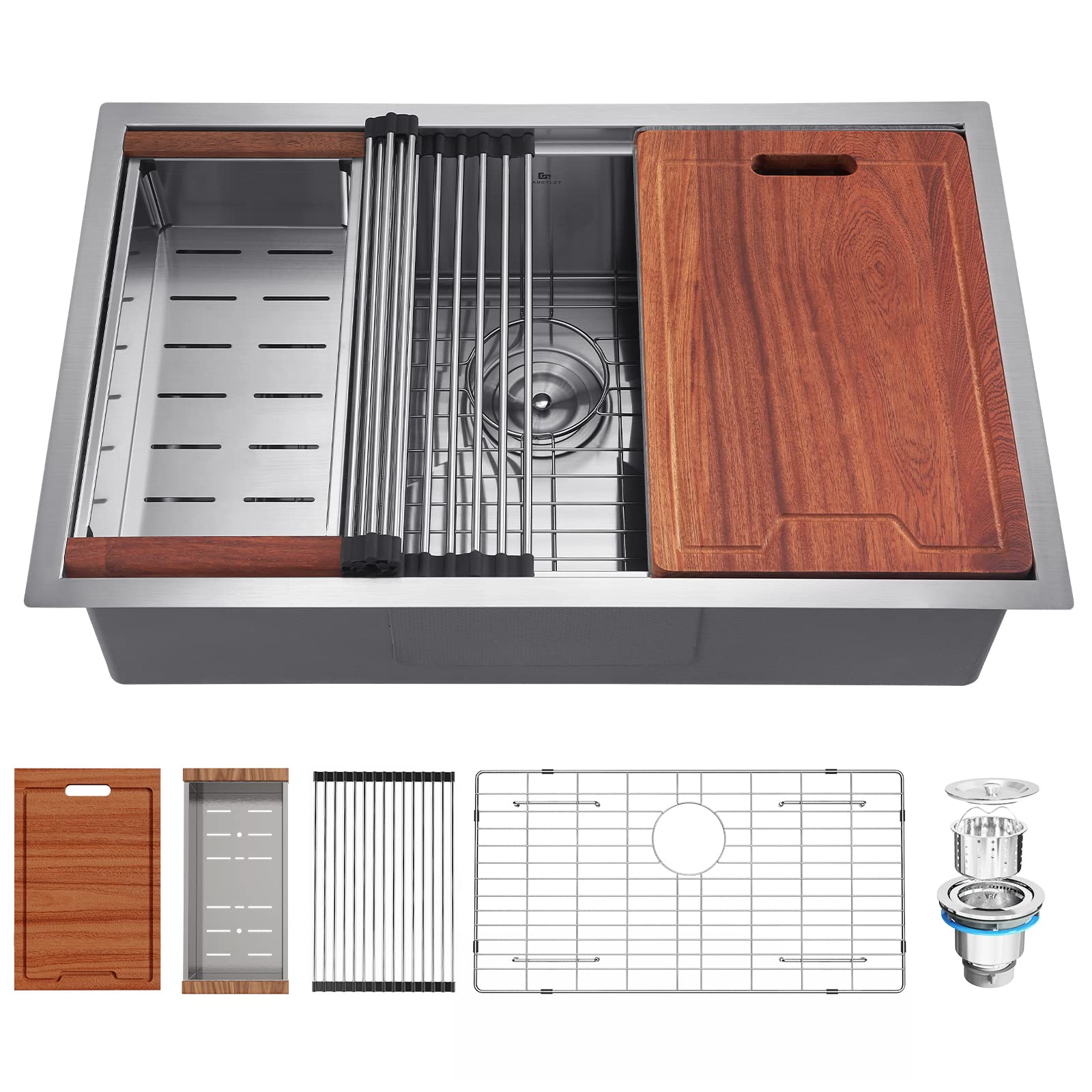 GABETLET Kitchen Sink, 27 Inch Undermount Kitchen Sink, Deep Single Bowl Stainless Steel Kitchen Sink 16 Gauge with Nano Coating & Brushed Finish, Handmade Workstation Sink with Ledge and Accessories