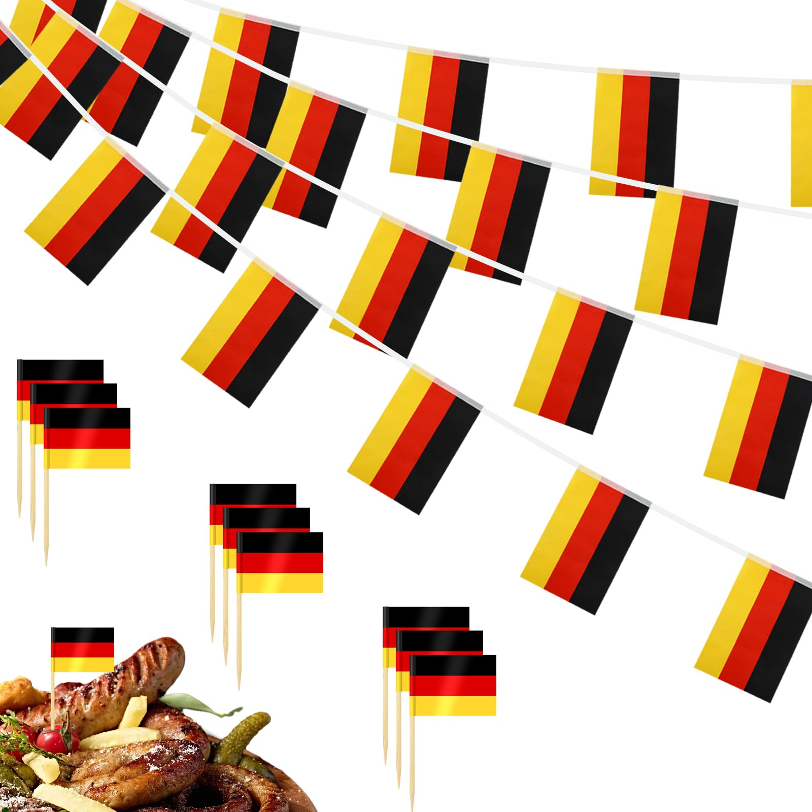 Lunhoo German Flag Decoration Set, 10 m/33 ft Fabric Flag Bunting, and 100 Germany Flags Toothpicks, Cake Toppers, for Football League, Oktoberfest & German Cultural Events, Themed Party Decorations