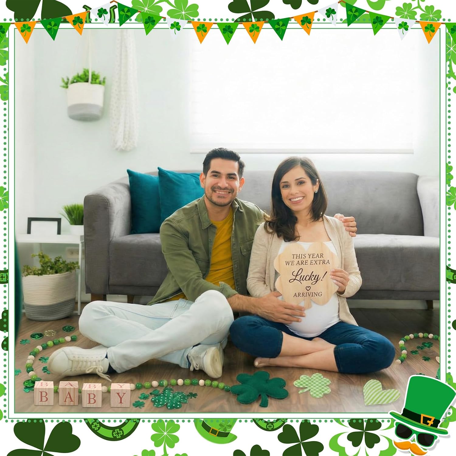 15 Pcs St. Patrick's Day Pregnancy Announcement Set Shamrock Baby Reveal Ideas Wooden Four Leaf Clover Sign Wood Block Prop Felt Shamrocks Confetti Decor for Gender Reveal Baby Shower