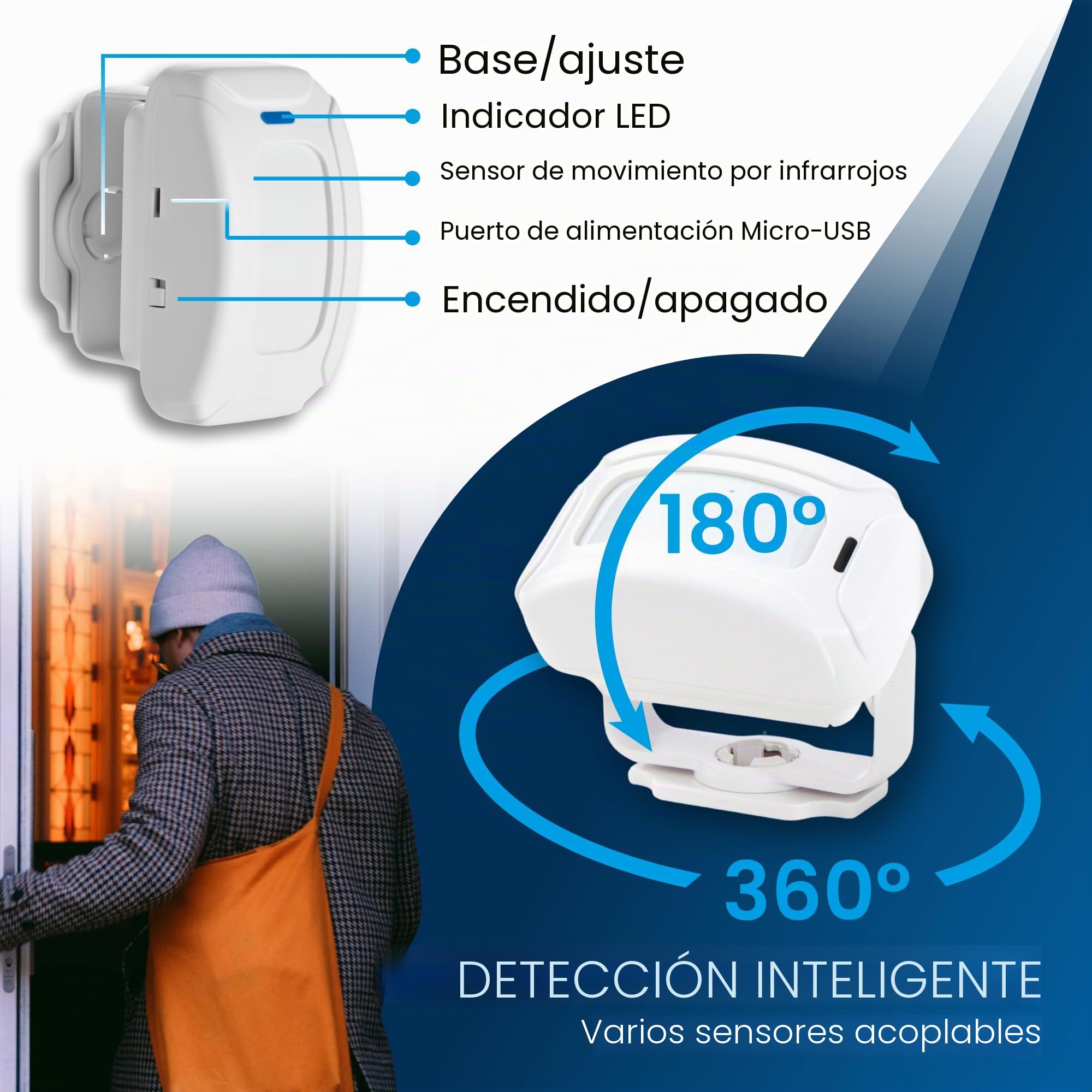 Timbre inalámbrico con sensor de movimiento, timbre de entrada de tienda con sensor, alerta de acceso Plug & Play para tiendas, oficinas, restaurantes, melodías de volumen ajustable, funciona