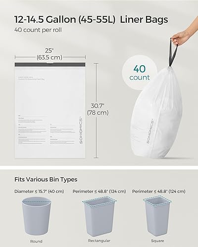 Miniatura 8 de SONGMICS Bolsas de basura para botes de basura de 12-14.5 galones (45-55 litros), bolsas de basura con cordón para cocina, preseparadas, código de