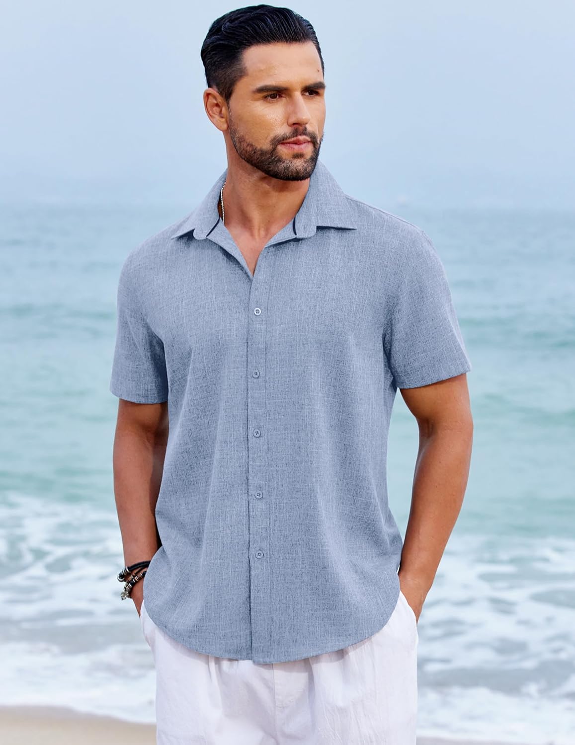 COOFANDY Men's Beach Summer Shirts Linen Texture Shirts Short Sleeve Casual Button Down Shirt - Image 3