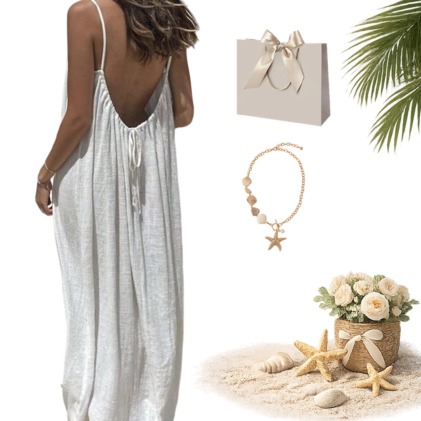 Liocwocne Women's White Solid Color Backless Cami Dress, Casual Sleeveless Beach Vacation Sundress, Casual Long Flowy Sundress (,Xxl)