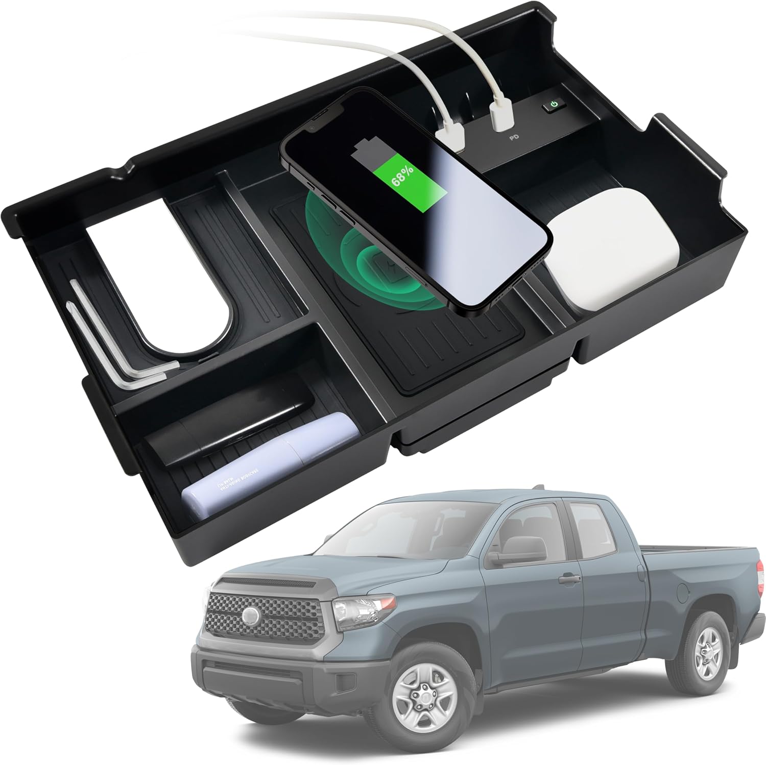 Wireless Charger for Toyota Tundra 2014-2021, Center Console Organizer Tray USB-A USB-C Fast Phone Charging Panel Pad Armrest Storage Box for Toyota Tundra 2017 2018 2019 2020 Accessories