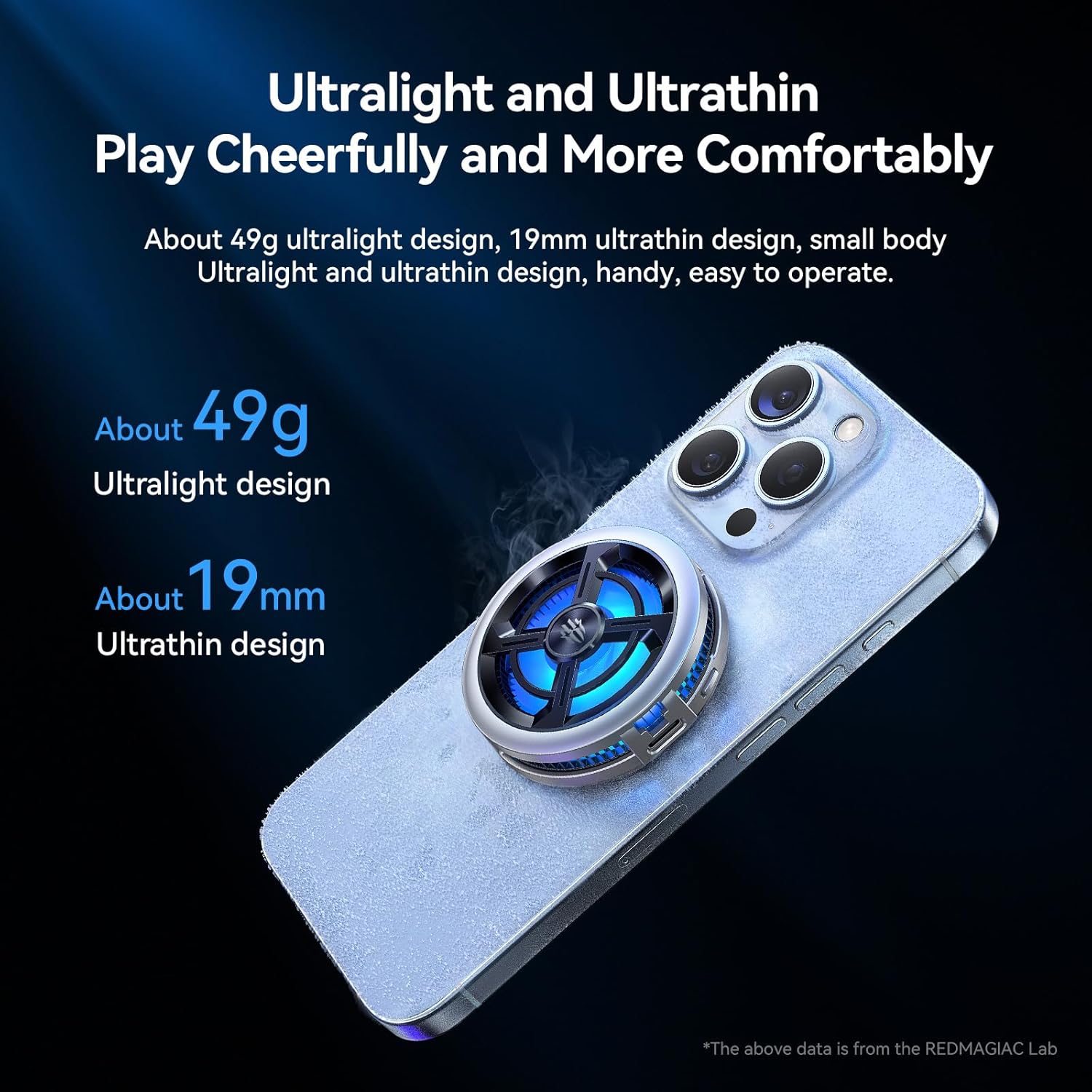 RedMagic 6 Air cooler attached to the back of a smartphone, highlighting its ultralight (49g) and ultrathin (19mm) design.