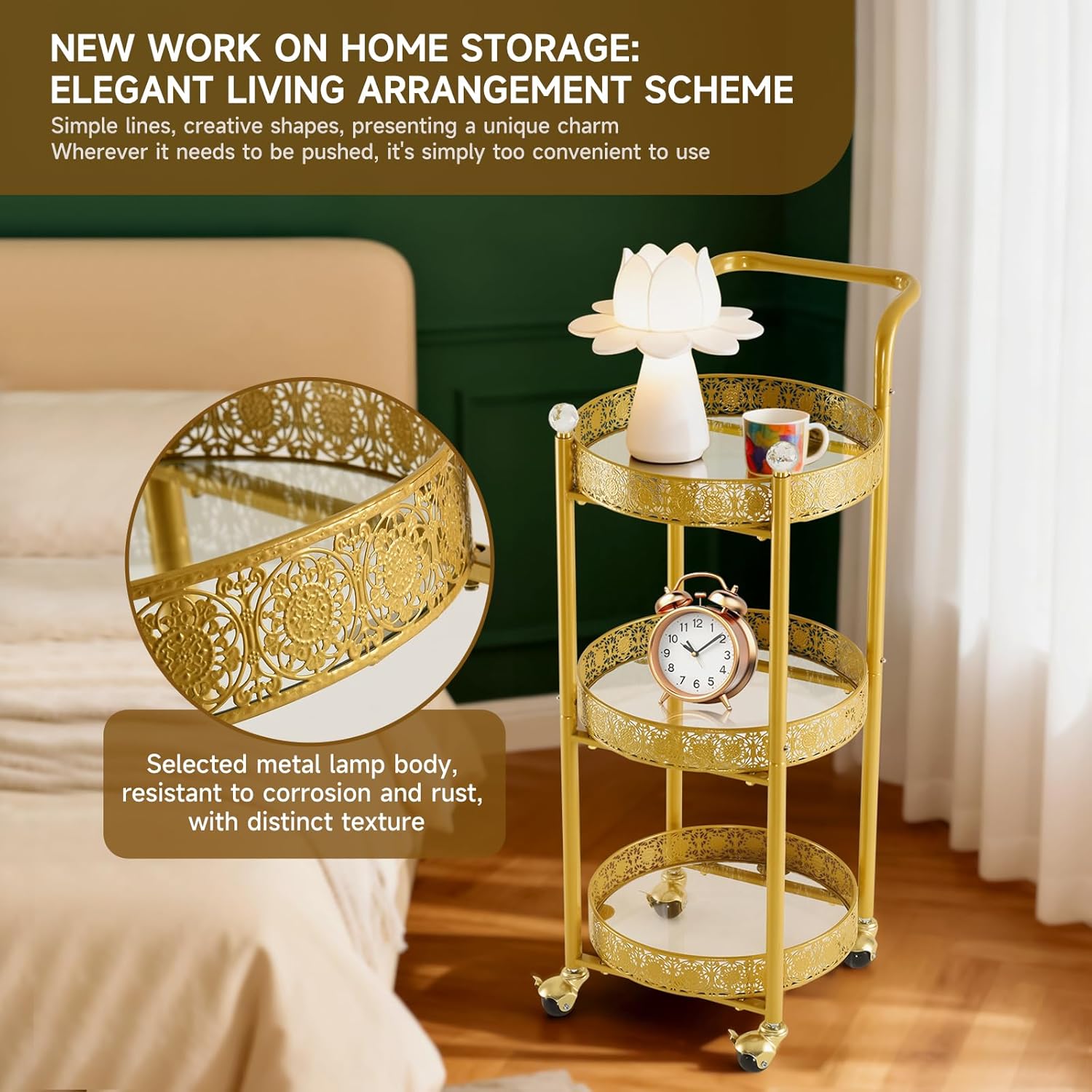 Multi-Functional Mobile Trolley Golden bar cart is Suitable for Home bar Service, Featuring a Rolling bar cart with Lockable casters, a Glass bar cart with 3 Mirror Holders