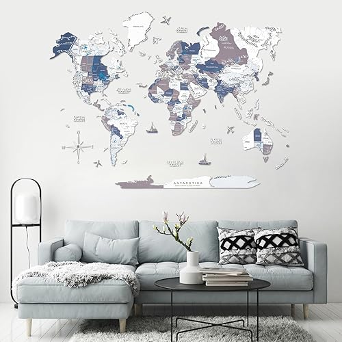 ENJOY THE WOOD Home Décor 3D Wood World Map With Rivers & Lakes Wall Art Large Wall Décor - World Travel Map All Sizes Gift Idea - Wall Art For Home