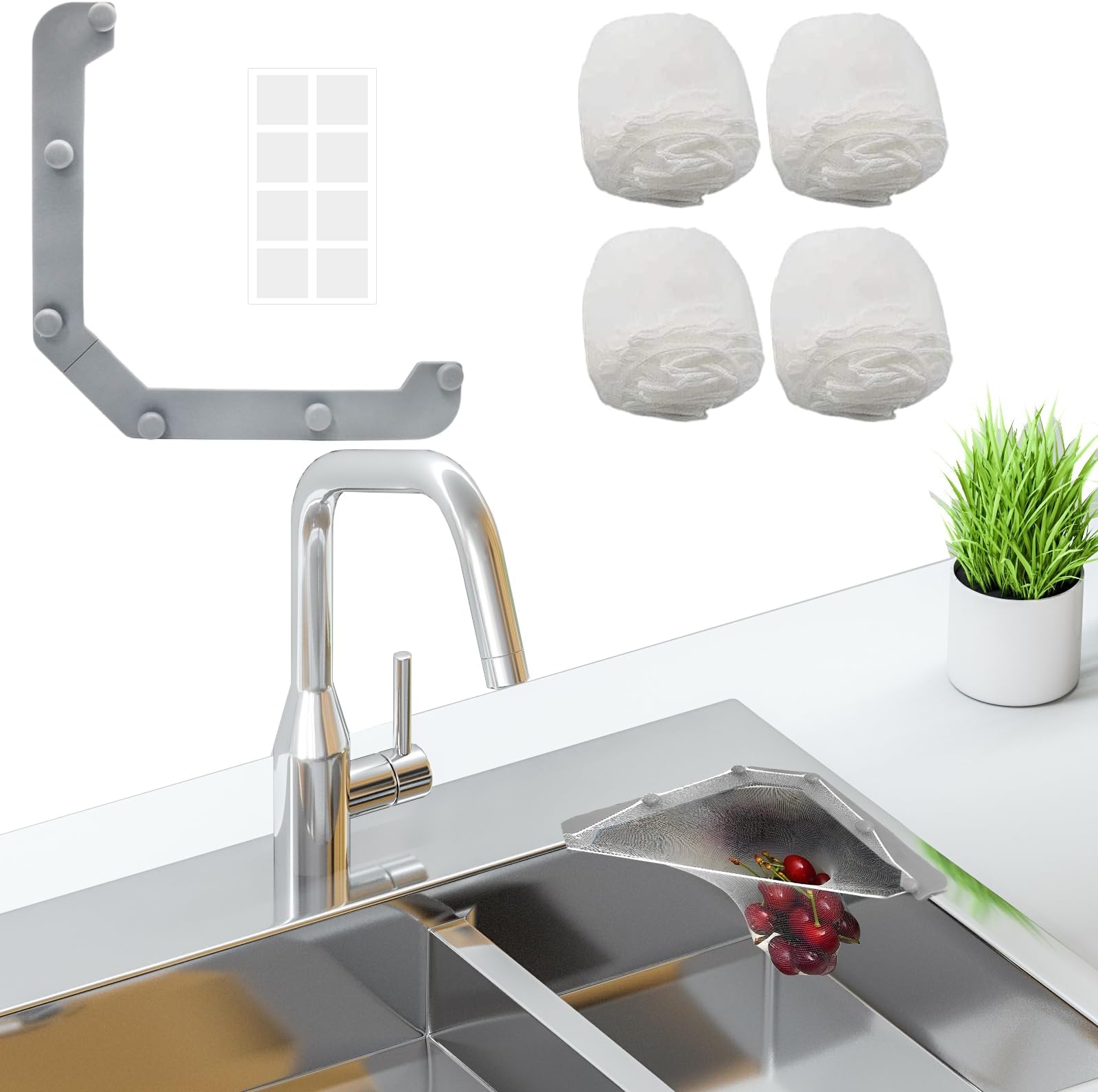 Triangular Kitchen Sink Rack with 100 Disposable Mesh Bags, Triangle Sink Food Catcher, Gray Kitchen Corner Strainer Garbage Filter Basket for Leftovers Collection