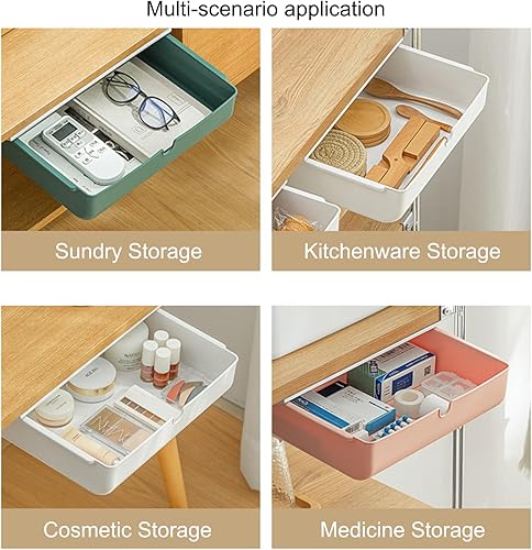 Miniatura 7 de Paquete de 2 cajones debajo del escritorio, organizador autoadhesivo grande y mediano para debajo del escritorio, caja de almacenamiento oculta