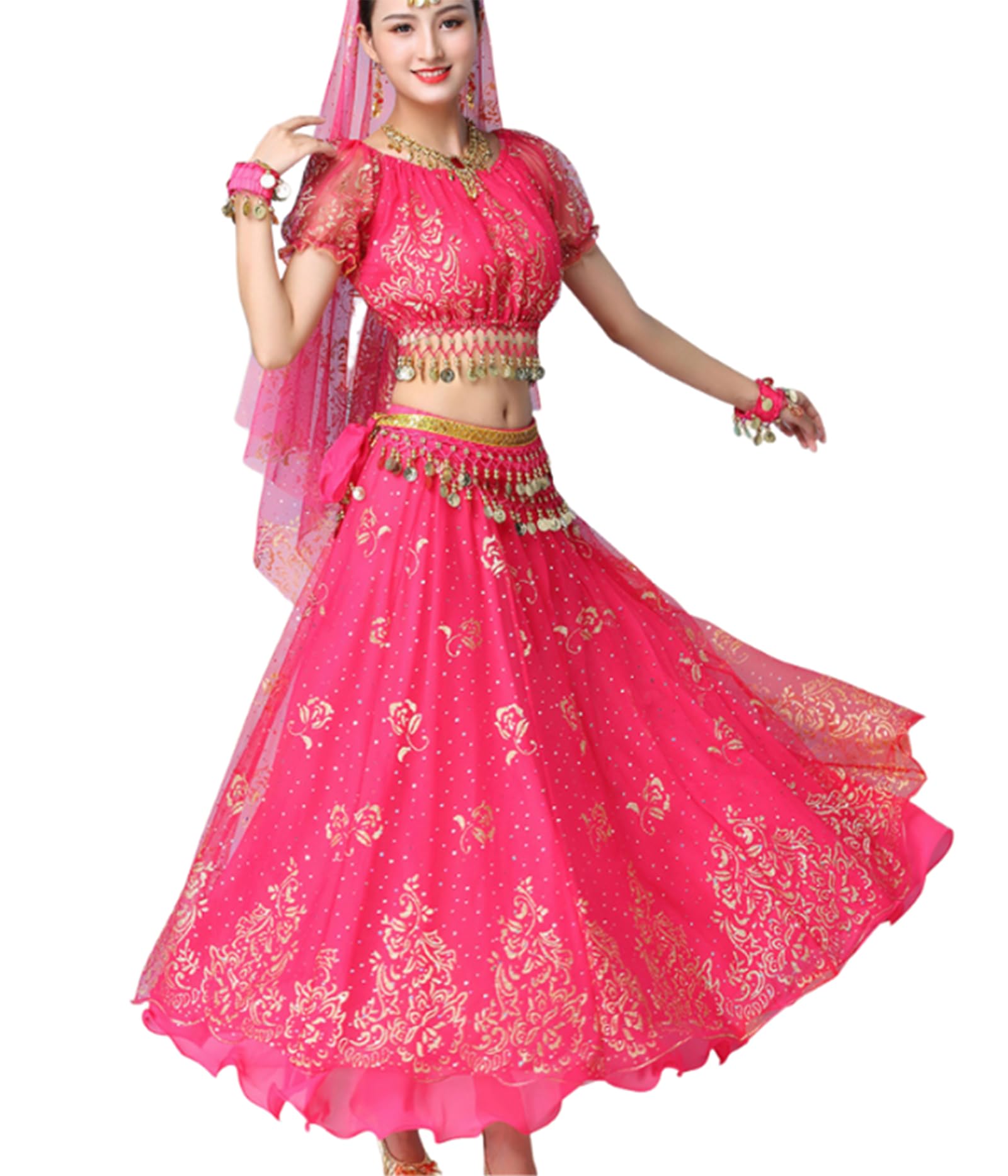 Women's Arabian Princess Costumes Belly Dance Dress Indian Dance Bollywood Jasmine Cosplay Party Fancy Outfit,Rose red,XL