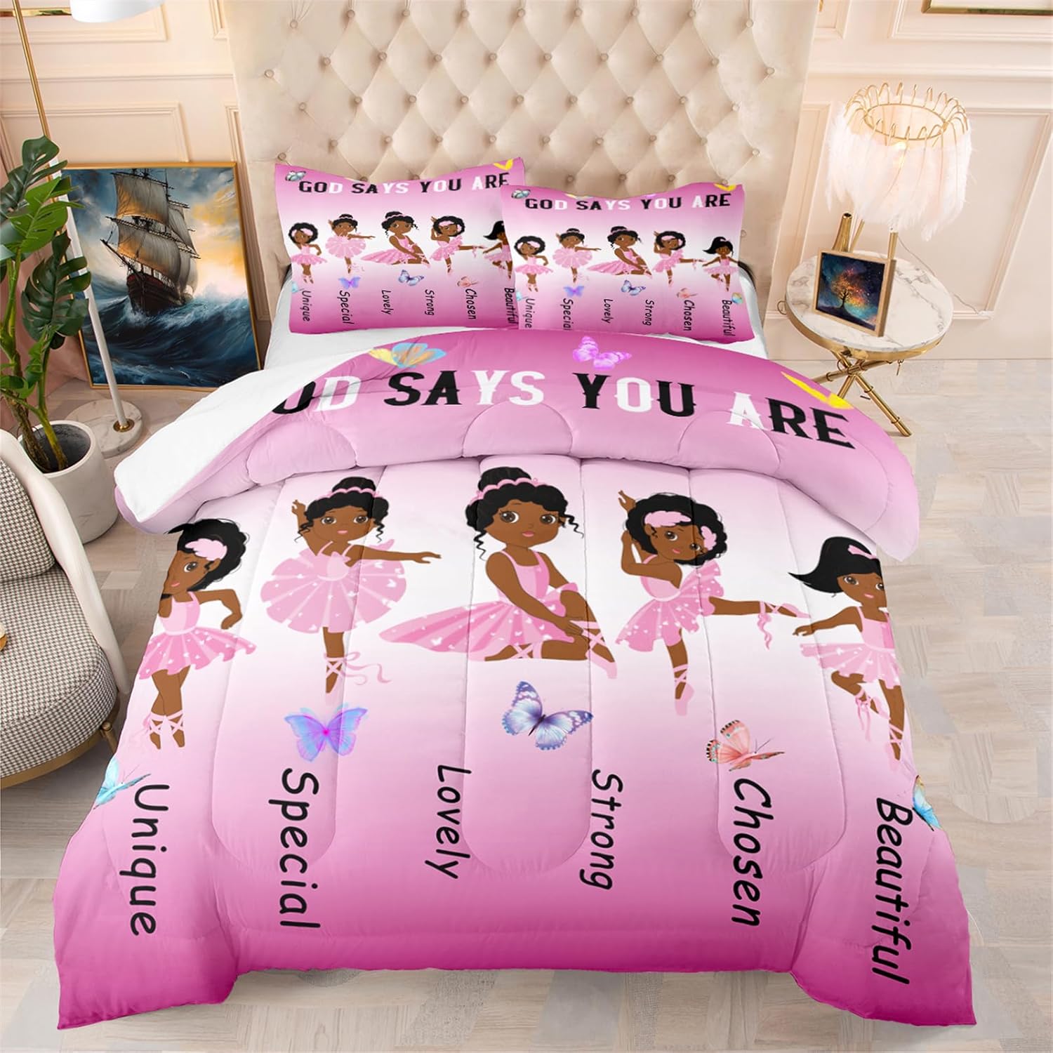 BATATADOCE Cute Little Ballet Bedding Sets African American Black Girls Pink Comforter Set Pink Princess Bed Set Kids Full Size Comforter Sets for Girls Bedroom,1 Comforter + 2 Pillowcases - Image 2