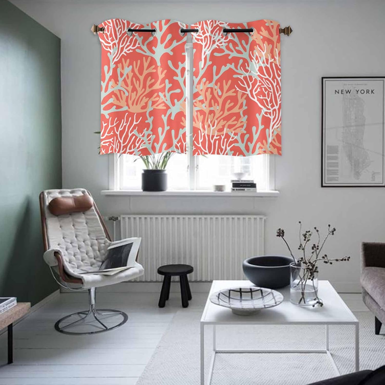 Summer Curtains for Living Room 39 Inch Length Drapes, Marine Life Ombre Coral Red Window Treatments Curtain Panels, Grommet Top, 2 Pack
