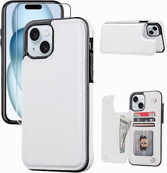 Compatible with iPhone 15 Plus 6.7 Wallet Case +1 Screen Protector, Slim Protective case with Card Holder, PU Leather Kickstand Card Slots Case -White