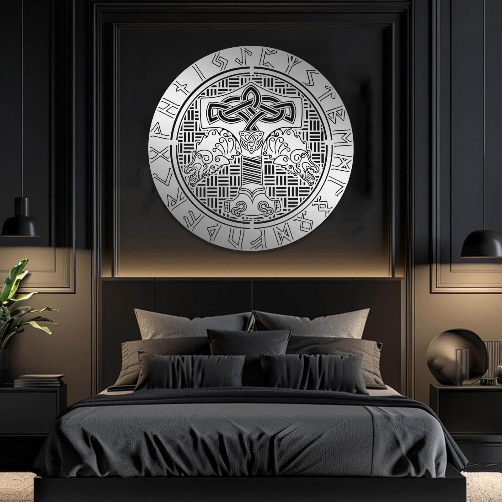 Décoration Murale Viking Nordique en métal Noir, Sculpture Celtique Mjolnir en métal, œuvre d'art Nordique Viking Moderne pour Salon, Couloir et escaliers (Argent 48 cm L x 48 cm l)