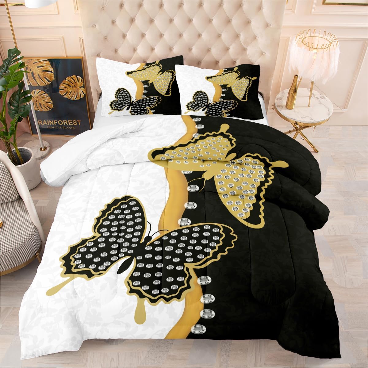 Women Butterfly Print Bedding Black Gold Patchwork Comforter Set Full Size 3D Diamond Butterfly Wings Printed Comforter Bedding Set 3 Pieces Soft Lightweigh Microfiber Comforter, 79x90